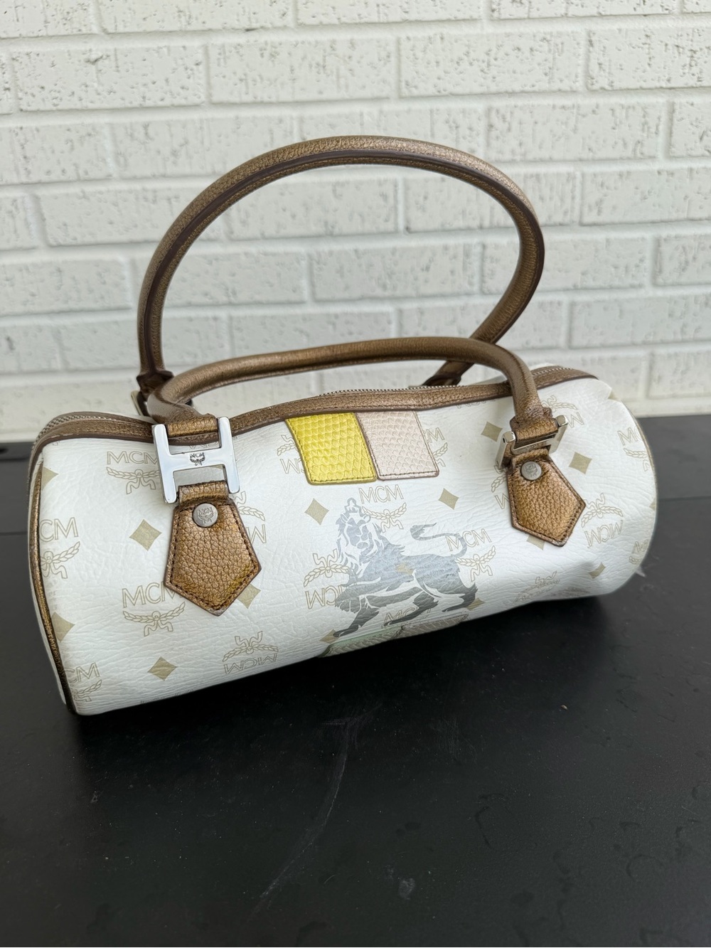 MCM Limited EditionWhite Barrel Satchel with Brown Trim and Yellow Accent